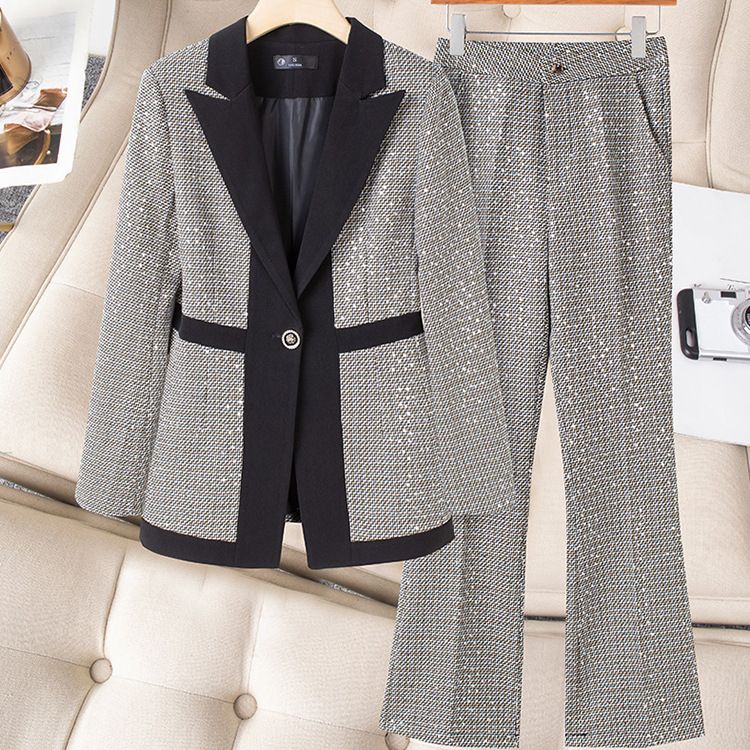 Women's Clothing high-end slim slimming heavy work sequins professional Plaid color matching suit_ipsvogv.com