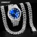 Hip Hop Iced Out Necklace Watch For Men AAA 2 Row Prong Cuban Chain Necklace+Watch+Bracelet Set Punk Rapper_ipsvogv.com