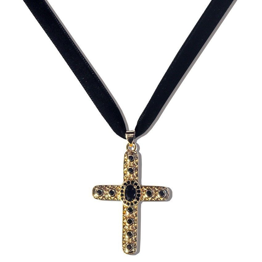 Cross Necklace Round Zircon Pendant Ribbon Cloth Collarbone Chain Black Color Retention Jewelry_ipsvogv.com