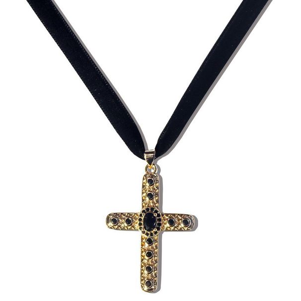 Cross Necklace Round Zircon Pendant Ribbon Cloth Collarbone Chain Black Color Retention Jewelry_ipsvogv.com
