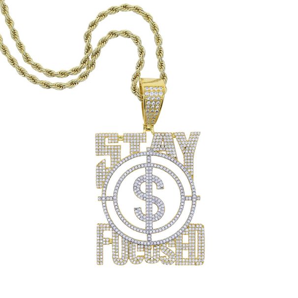 Men's Hip Hop Style "STAY FOCUSED" Zircon Pendant Necklace With Dollar Sign Design - Durable Copper Chain For Casual & Streetwear_ipsvogv.com