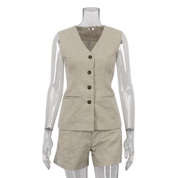 Women's Clothing ins style cotton and linen suit sleeveless vest suit summer women's casual shorts two-piece set_ipsvogv.com