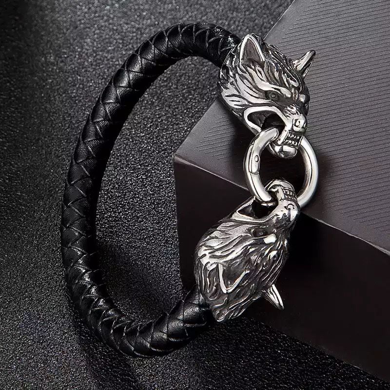 New Viking Wolf Head Handmade Leather Personalized Creative Men's Bracelet Jewelry Bangle For Men_ipsvogv.com