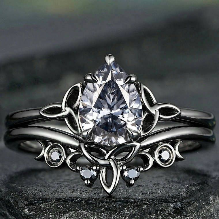 Sanjieins Inlaid Water Drop Zircon Gun Black Plated Women's Flower Pair Ring New_ipsvogv.com