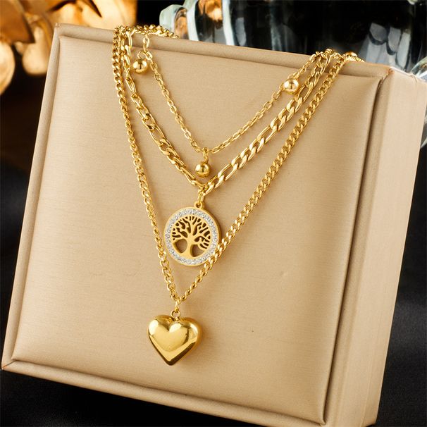 Fashionable niche simple retro titanium steel metal multi-layer chain love round card tree of life pendant necklace_ipsvogv.com