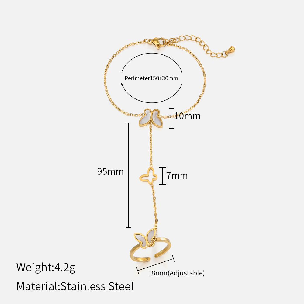 Women’s Jewelry Set Fashion White Shell Inlaid Butterfly Stainless Steel Finger Chain Set Personality Popular Gold Plated Jewelry_ipsvogv.com