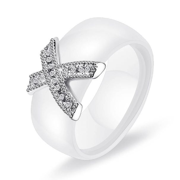 Couple ring black and white ceramic X ring micro-inset zircon 8MM fashion ring_ipsvogv.com