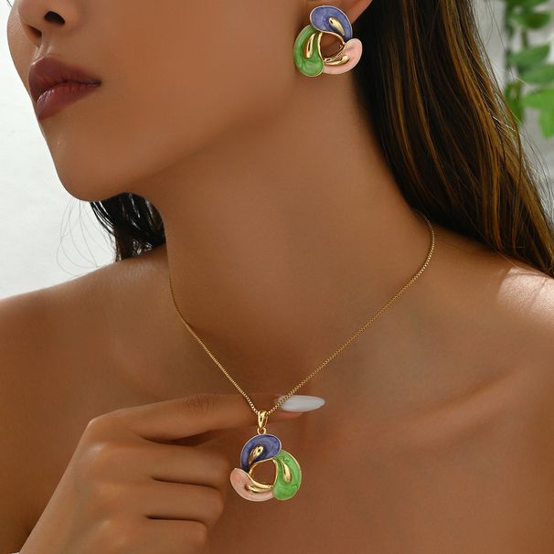 Fashion OL Women's Jewelry Set Personalized Rotating Drip Oil Design Necklace Versatile Earrings_ipsvogv.com
