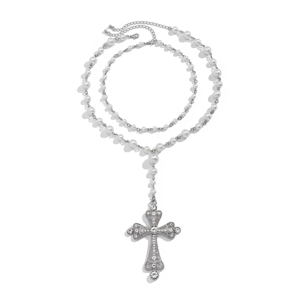 Set Of 2 Diamond Cross Pearl Necklace Set Trendy Sexy Internet Celebrity Temperament Sweater Chain_ipsvogv.com