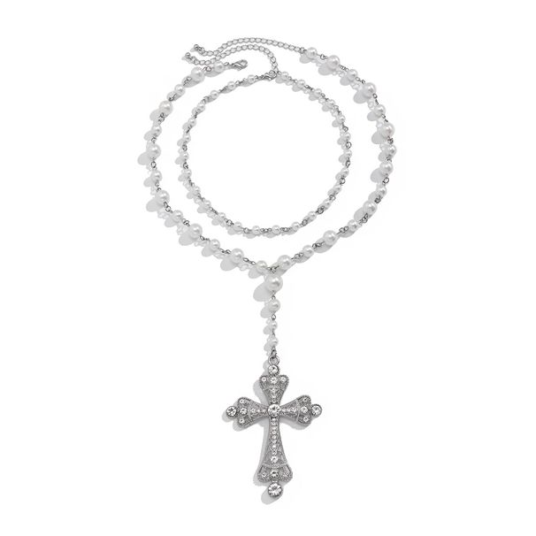 Set Of 2 Diamond Cross Pearl Necklace Set Trendy Sexy Internet Celebrity Temperament Sweater Chain_ipsvogv.com