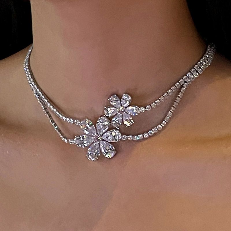 Korean Style Romantic Dazzling Pink Flower Ear Stud Women's Pink Gemstone Clavicle Chain Necklace Women's Trendy Jewelry choker_ipsvogv.com