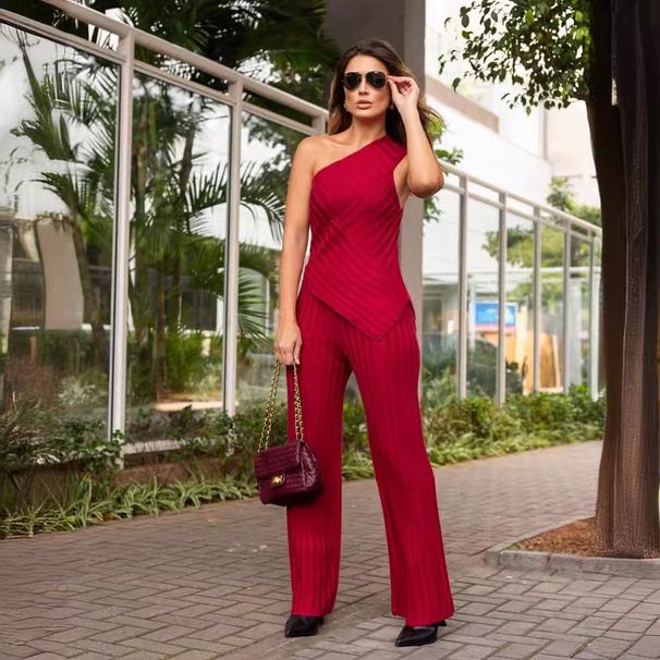 Women's solid color oblique collar striped elastic slim fit knitted sweater and pants suit for women_ipsvogv.com