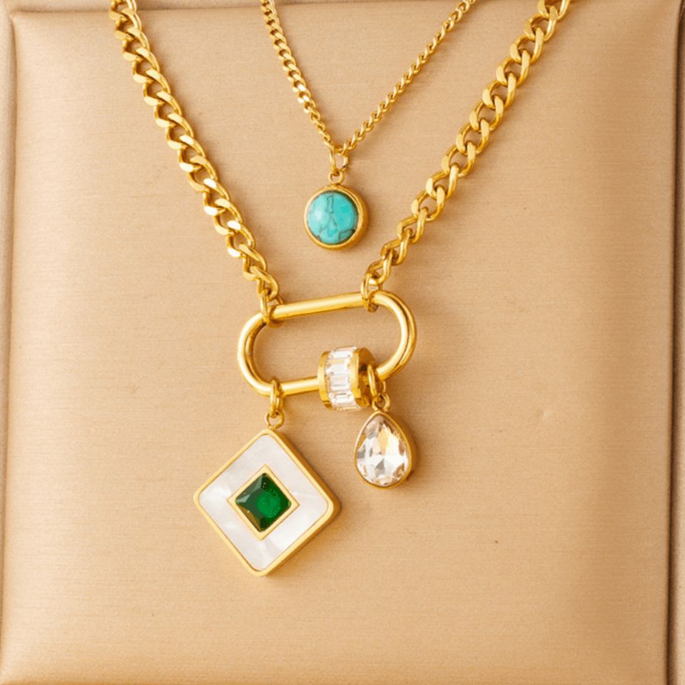 Fashion niche vintage double stainless steel gold plated chain blue turquoise block snake pendant life tree necklace_ipsvogv.com