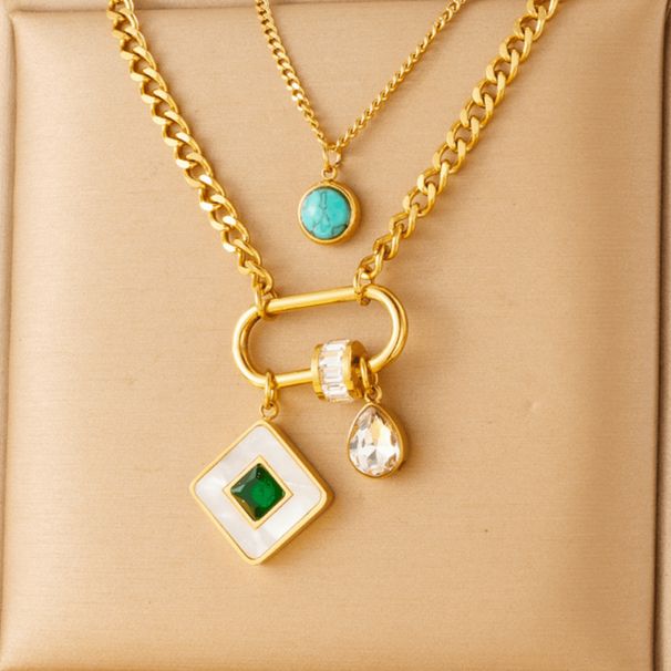 Fashion niche vintage double stainless steel gold plated chain blue turquoise block snake pendant life tree necklace_ipsvogv.com