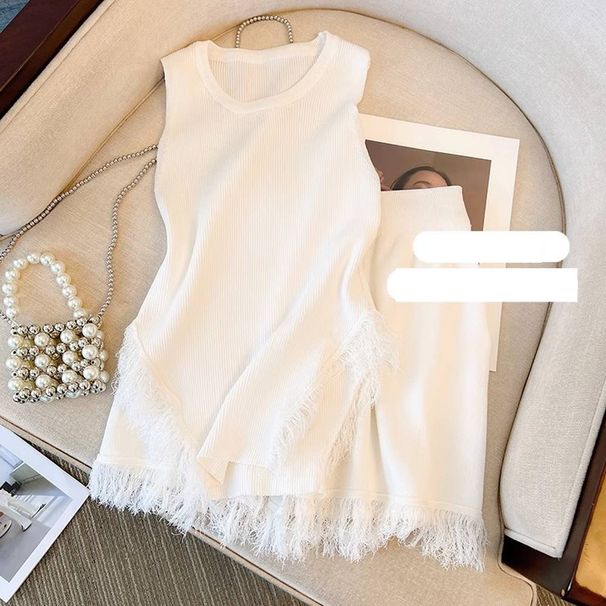 Women's Pink Tassel Knitted Small Camisole + High Waist Wide Leg Casual Shorts_ipsvogv.com