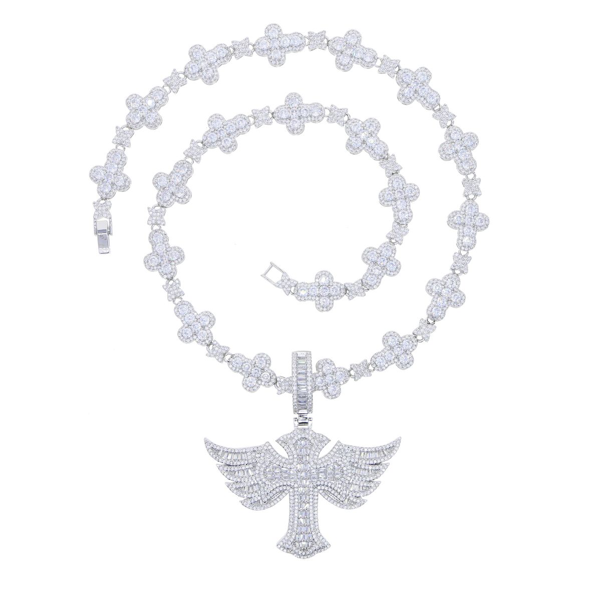 Men's Hip Hop Cross Pendant Necklace With Wing & Zircon Tennis Chain Cuban Link Silver Wing Cross Zircon Pendant Necklace Tennis Chain Men's Necklace_ipsvogv.com