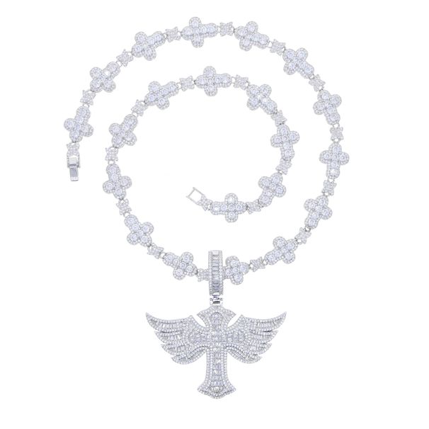 Men's Hip Hop Cross Pendant Necklace With Wing & Zircon Tennis Chain Cuban Link Silver Wing Cross Zircon Pendant Necklace Tennis Chain Men's Necklace_ipsvogv.com