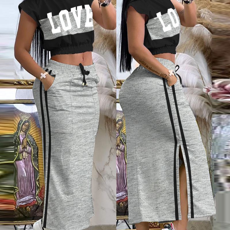 Women's Clothing elegant and contrasting color splicing printed tops casual strappy slit skirt suit_ipsvogv.com
