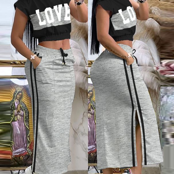 Women's Clothing elegant and contrasting color splicing printed tops casual strappy slit skirt suit_ipsvogv.com