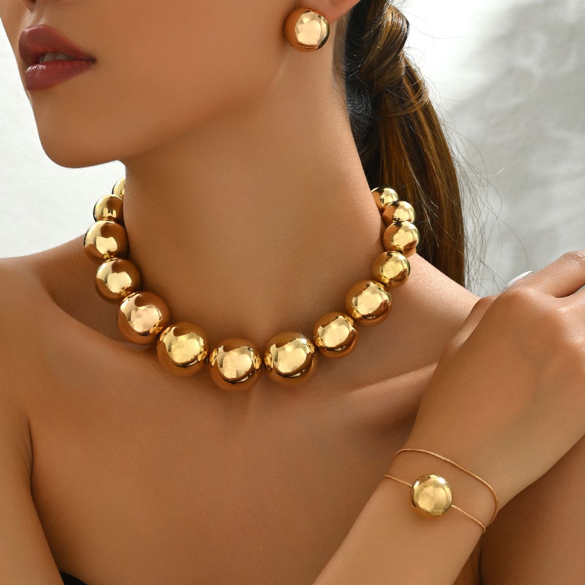 Fashion OL commuting style geometric bracelet necklace earring set, niche light luxury round ball design jewelry set_ipsvogv.com