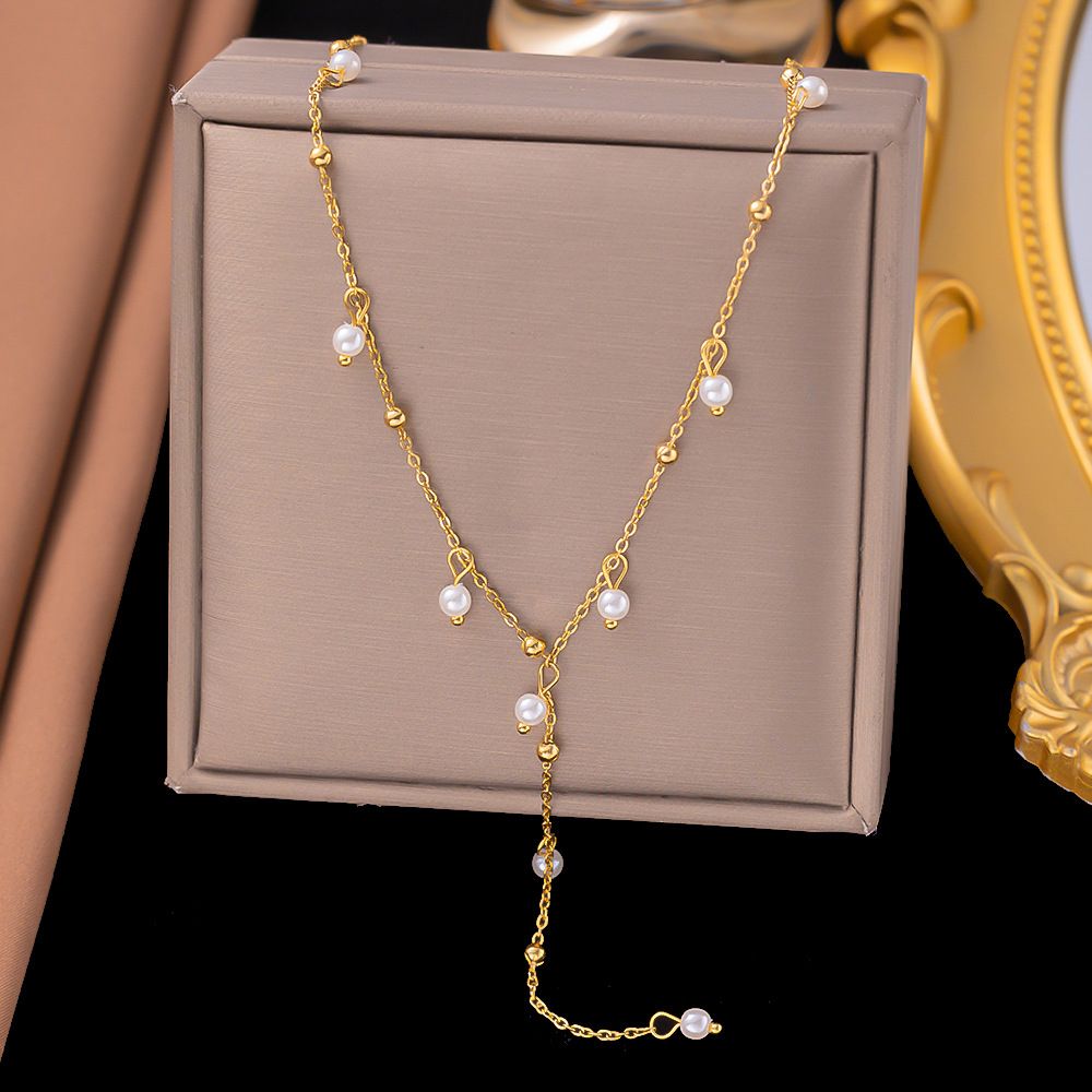 Marka French Pearl Necklace Tassel Collarbone Titanium Steel Gold Neck Chain Inset Style Jewelry_ipsvogv.com