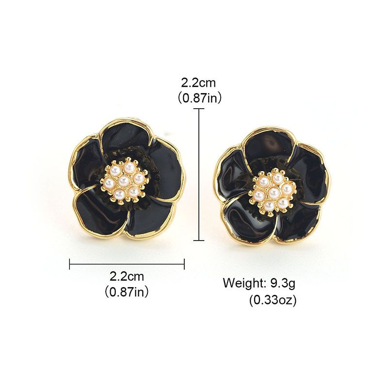French Retro Versatile Temperament Flower Earrings Enamel Earrings French Retro Camellia Black Earrings_ipsvogv.com