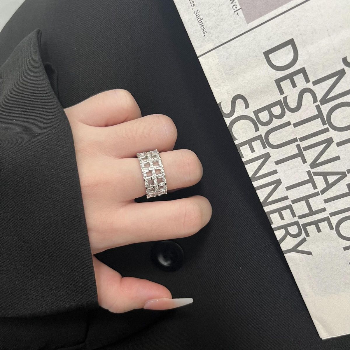 Light Luxury Heavy Industry Full Diamond Zircon Hollow Opening Ring, Women's High-end Sense, Niche Personality, Fashion,_ipsvogv.com