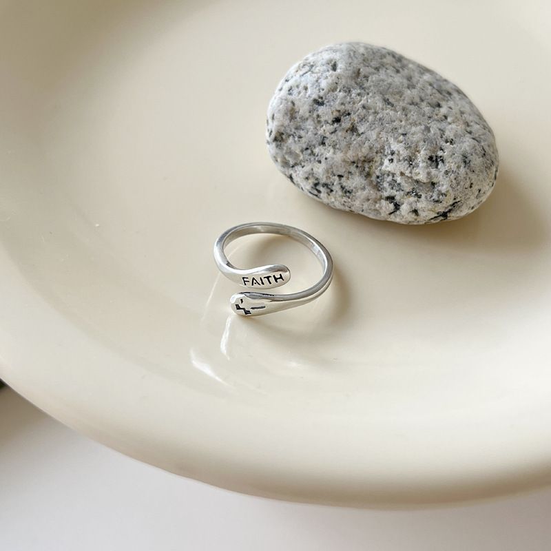 KASHITE Korean Edition S Pure Silver Cool Style Personalized Hollow Cross FAITH Open Ring For Women_ipsvogv.com