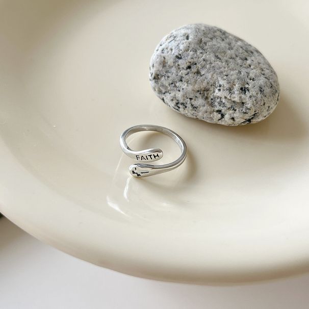 KASHITE Korean Edition S Pure Silver Cool Style Personalized Hollow Cross FAITH Open Ring For Women_ipsvogv.com