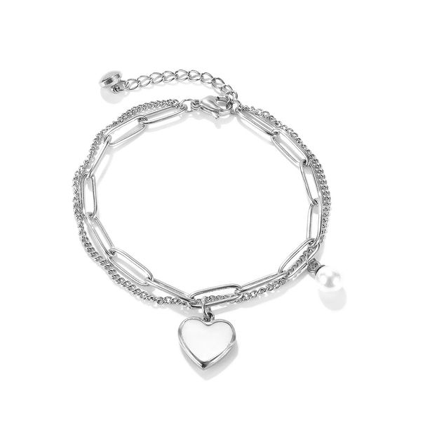 Women's Jewelry Fashion Niche Design Cold Style Personality Double Layer Temperament Versatile Peach Heart Pearl Stainless Steel Bracelet_ipsvogv.com