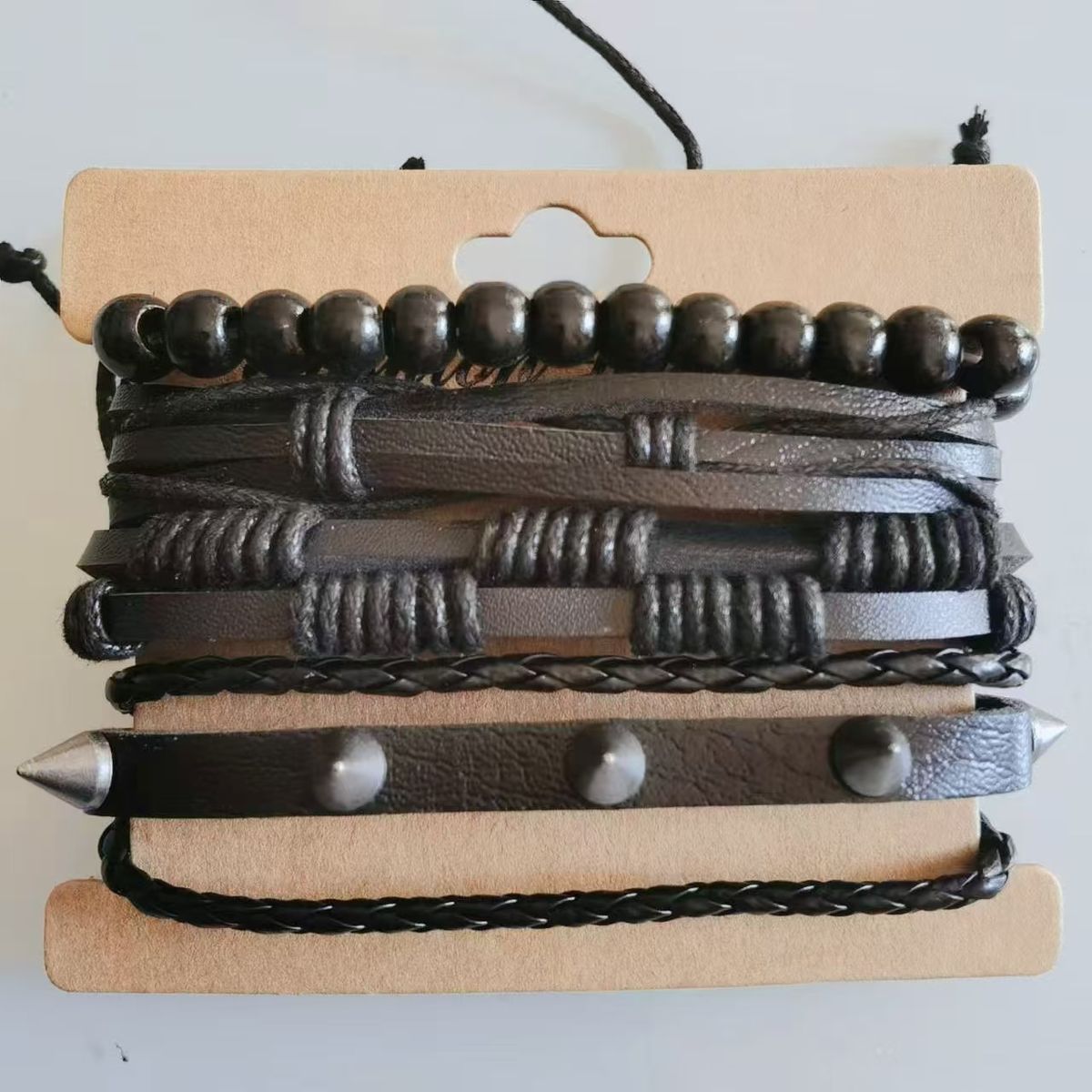 New Braided Wooden Bead Set Handmade Personality Trend Rivet Hip-Hop Bracelet For Men_ipsvogv.com