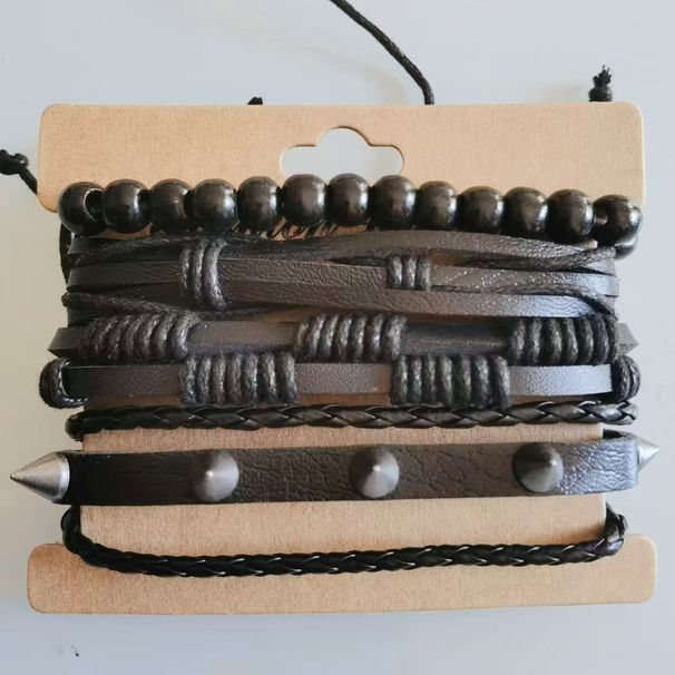 New Braided Wooden Bead Set Handmade Personality Trend Rivet Hip-Hop Bracelet For Men_ipsvogv.com