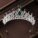 Crown headdress three piece set vintage green diamond princess birthday crown necklace earrings bride wedding dress evening dress jewelry_ipsvogv.com