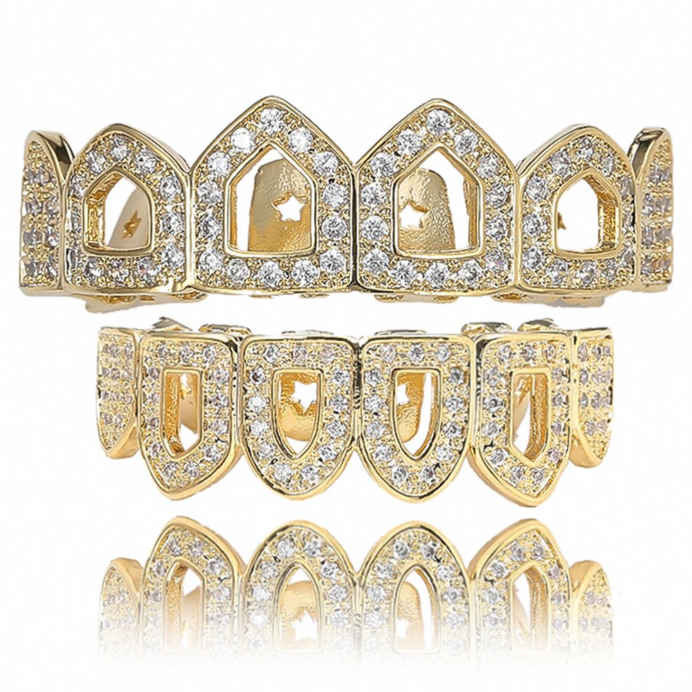 Hip Hop HIPHOP Hollow Micro Inlaid Gold Teeth Set Holiday Gift Funny Hip Hop Gold Braces Halloween Teeth_ipsvogv.com