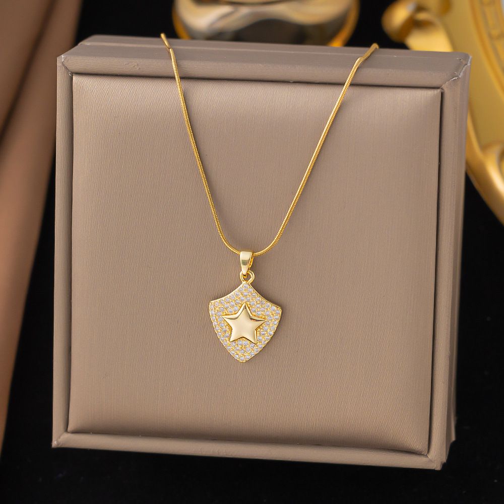 Shield Shaped Octagonal Star Pentagram Pendant Necklace, Women's Gold-plated Fashionable Versatile Collarbone Chain_ipsvogv.com