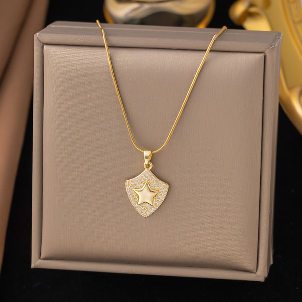 Shield Shaped Octagonal Star Pentagram Pendant Necklace, Women's Gold-plated Fashionable Versatile Collarbone Chain_ipsvogv.com
