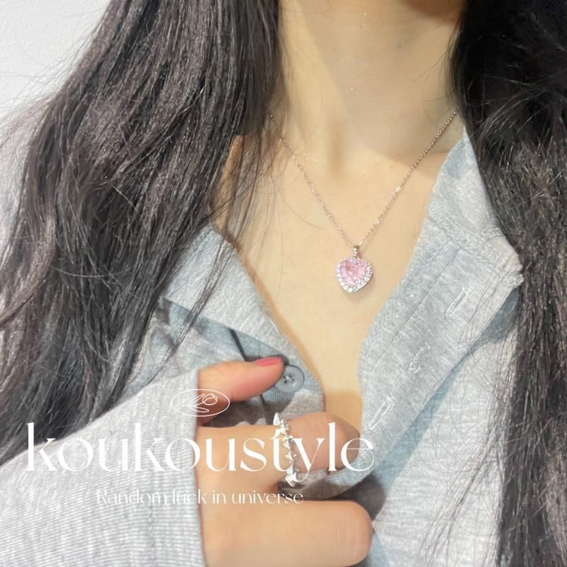 blossom Ice Cherry Pink~Love Zircon Summer Collarbone ! Chain, Heart-shaped Full Diamond Studded Necklace For Women, Not Chain, Women,_ipsvogv.com