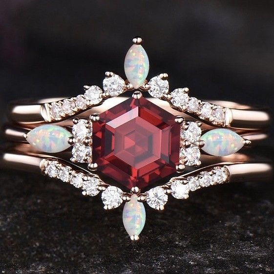 Sanjie Xiyin Jewelry Rose Gold Three Piece Set Ring Red Handpiece_ipsvogv.com
