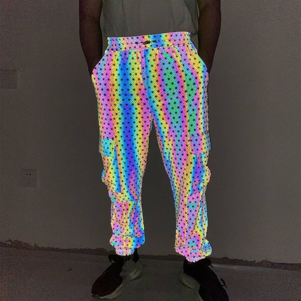 Men's Clothing geometric pattern colorful reflective overalls men's knitted breathable casual loose skinny pants_ipsvogv.com
