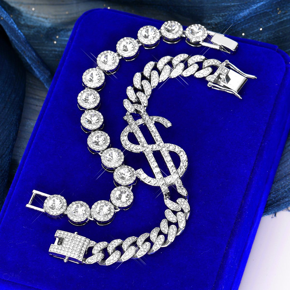 New Niche Light Luxury Hip-Hop Fashion Cuban Bracelet Full Diamond Jewelry Set_ipsvogv.com