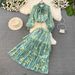 Women's Clothing light mature style, lantern long sleeves, bowknot, loose printed chiffon shirt, two-piece suit, high waist skirt_ipsvogv.com