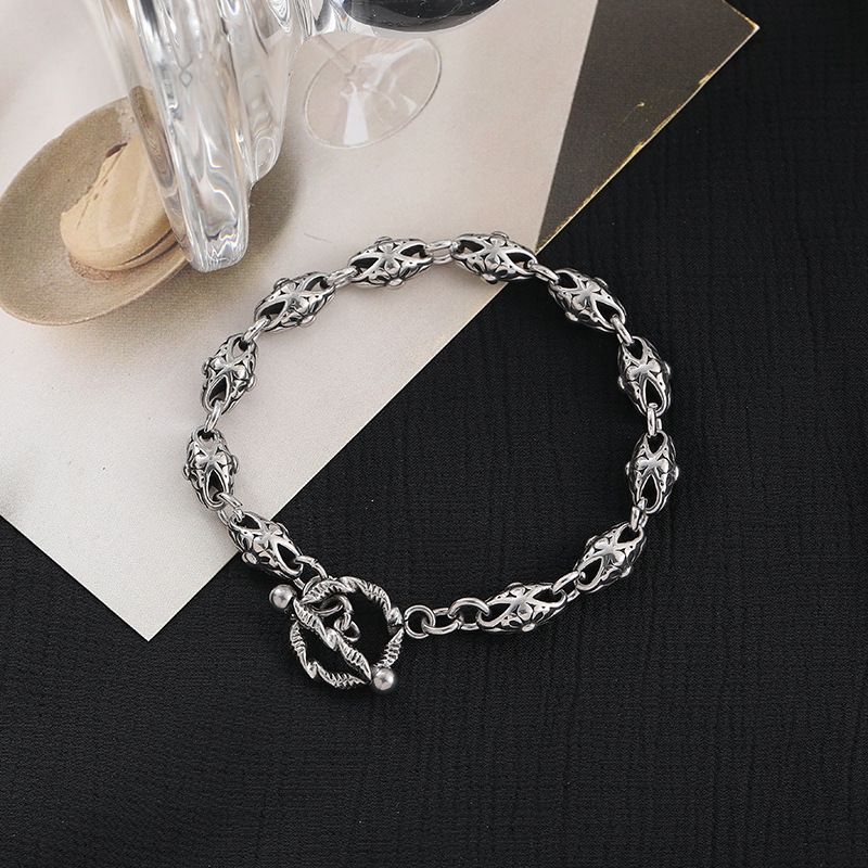 Titanium Cross Flower Crow Bracelet Stainless Steel Hip-Hop OT Buckle Non-Fading Personality Light Luxury Men's Jewelry_ipsvogv.com