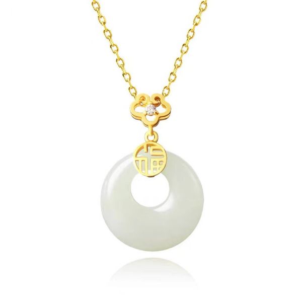 S999 Pure Silver Natural White Jade Marrow Safety Buckle Necklace For Women's New Chinese Ethnic Ancient Style, With A_ipsvogv.com