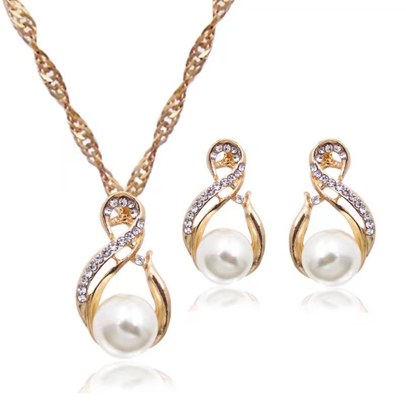 Geometric 8 shaped pearl diamond necklace earrings set bridal wedding accessories_ipsvogv.com