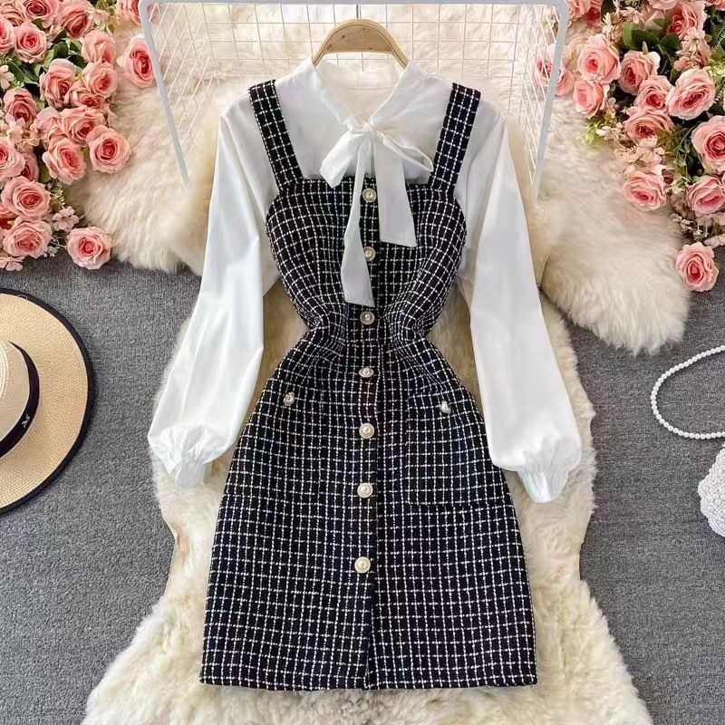 Women's temperament bow tie shirt two-piece suit tweed plaid suspender dress_ipsvogv.com