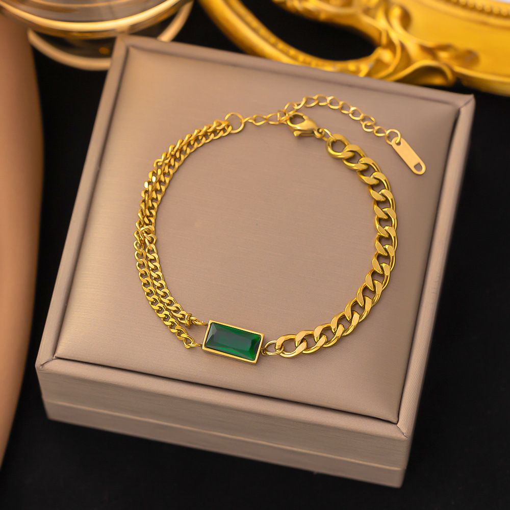 Chain Zircon Double Chain Stacked Simple Green Square Bracelet Necklace Earring Set For Women_ipsvogv.com