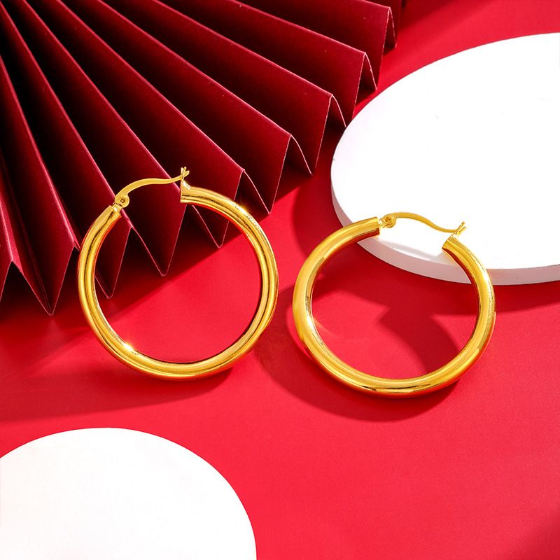 Smooth Plain Ring With Hollow Round Ear Buckles For Women, Simple And Elegant Earrings Made Of Copper Alloy, Fashionable_ipsvogv.com