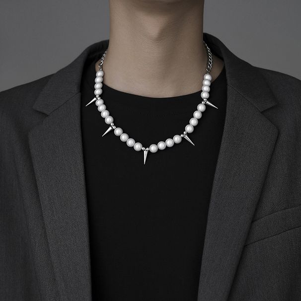 Hip hop men and women high end sense of matching accessories reflective pearl titanium steel necklace men's trendy clavicle chain_ipsvogv.com