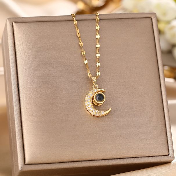 A Hundred Language Projection, I Love You. Titanium Steel Necklace, Women's Micro Inlaid With Diamonds, Moon, Collarbone_ipsvogv.com