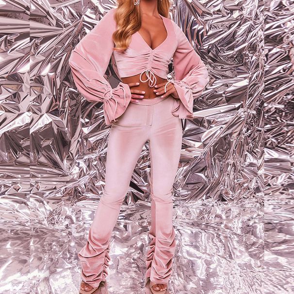Women's Clothing autumn and winter sexy navel-baring long-sleeved top solid color micro-flared pants two-piece set_ipsvogv.com